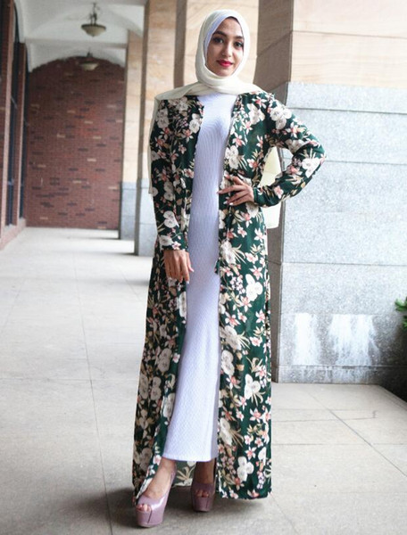 Elegant Muslim Abaya Print Floral Maxi Dress Loose Cardigan Tunic Robe Gowns Festival Ramadan Worship Service Islamic Clothing