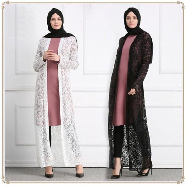 Muslim Lace Open Abaya Full Dresses Cardigan Kimono Hollow Out Long Robe Gowns Jubah Middle East Ramadan Arab Islamic Clothing