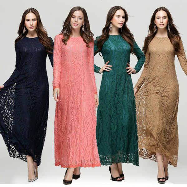 Woman Lace Kaftan Clothing Femme Solid Muslim Vestido Female Long Dresses Islamic Lady Ethnic Maxi Abaya Turkish Kleider Muslim