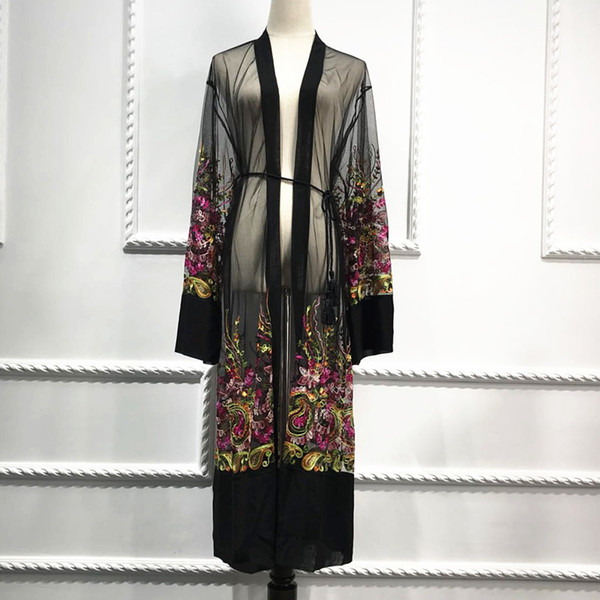 Plus Size Long Kimono Mujer 2019 Sexy Abaya Muslim Women Floral Embroidery Chiffon Mesh Cardigan Blouse Roupas Feminina Clothing