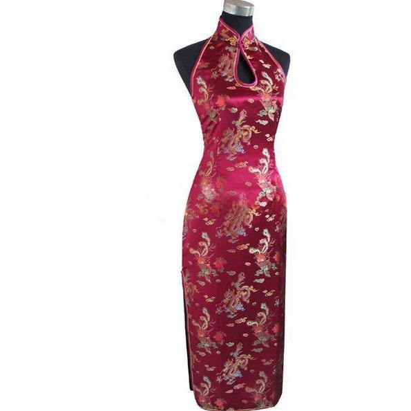 Sexy Burgundy Backless Traditional Chinese Dress Long Halter Cheongsam Qipao Novelty Dripping Costume S M L XL XXL XXXL WC025