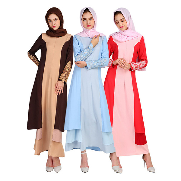 Latest design long sleeve abaya turkish women clothing maxi dresses lace patchwork plus size contrast color muslim party dress abaya