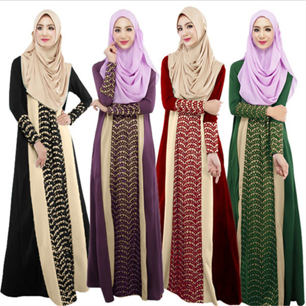 Women's lace kaftan color block Islamic abaya jilbab muslim loose dress long sleeve maxi prom dresses for muslim women