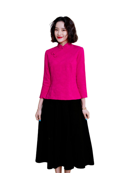 Shanghai Story Long Sleeve Cotton Rose Red Chinese Blouse With Linen Black Skirt Set For Women