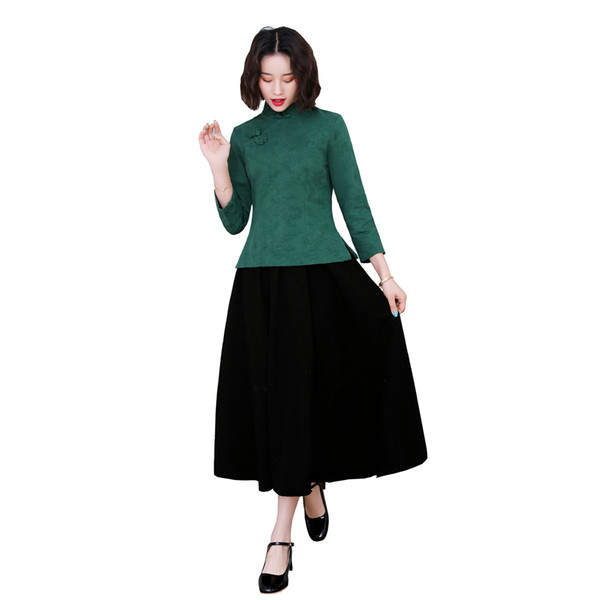 Shanghai Story Long Sleeve Cotton Green Chinese Blouse With Linen Black Skirt Set For Women