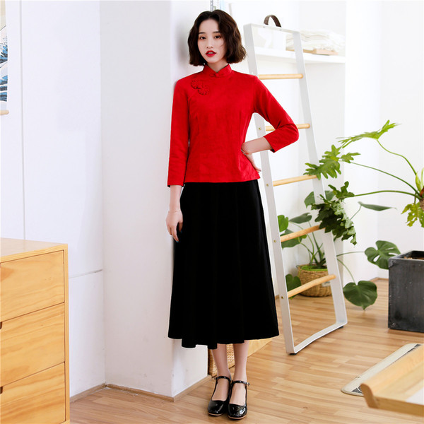 Shanghai Story Long Sleeve Cotton Red Chinese Blouse With Linen Black Skirt Set For Women