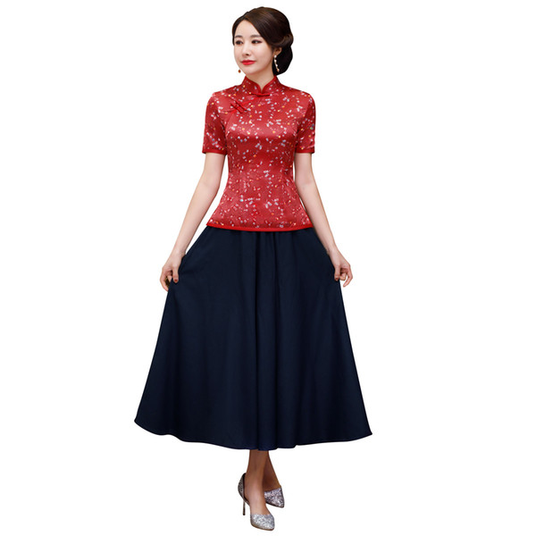 Shanghai Story New Arrival Faux Silk Chinese Traditional Clothing Set Red Color 3/4 Sleeve Faux Silk Chinese Cheongsam Top + Skirt for Women