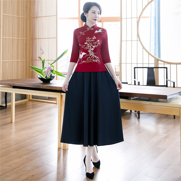 Shanghai Story Half SLeeve Embroidery Chinese Blouse with Cotton Skirt Set Chinese Traditional Clothing