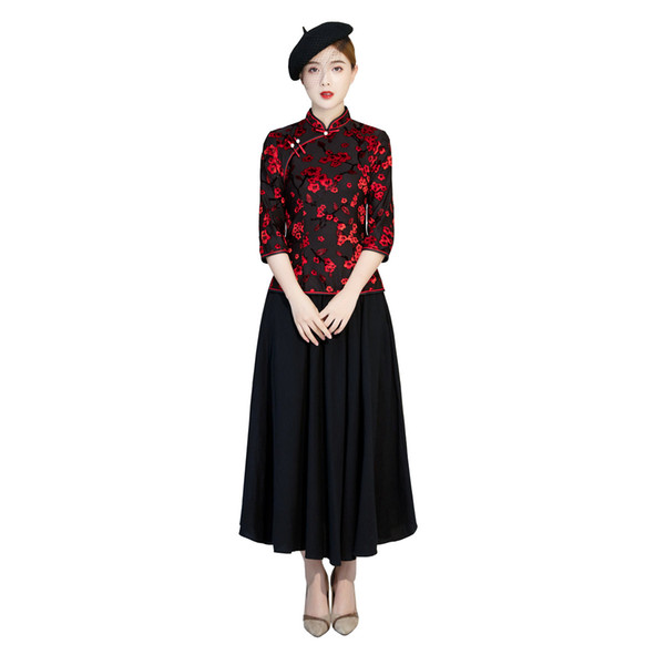 Shanghai Story Wine Red Cheongsam Shirt 3/4 Sleeve Chinese Traditional Top Qipao Blouse with Black Skirt