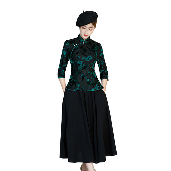 Shanghai Story Cheongsam Shirt 3/4 Sleeve Chinese Traditional Top Qipao Blouse with Skirt