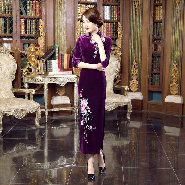 Shanghai Story Flower embroidered dress Purple long Velvet qipao modern cheongsam long dress robe chinoise Chinese qipao For Women