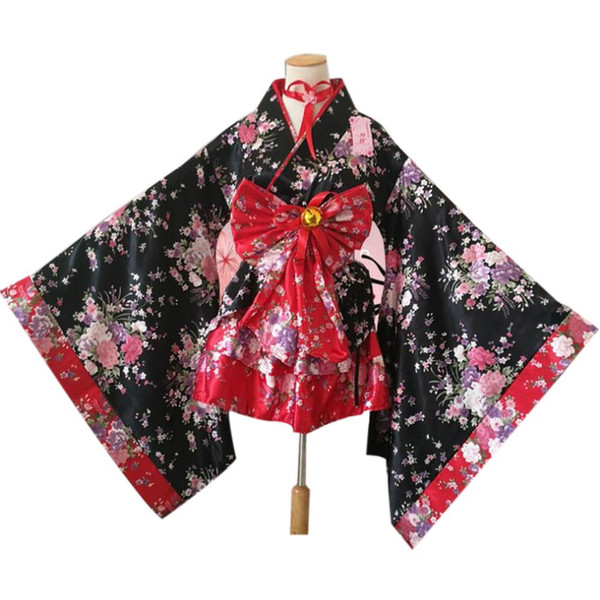 Shanghai Story Japanese Kimono Heavy Sakura Cosplay Anime Outfit Maid Costume Dress Red Kimono Vestidos 6 pieces set for girl women