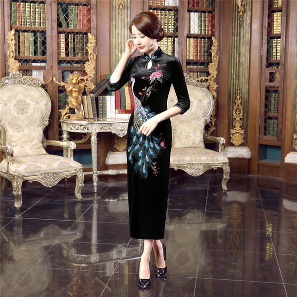 Shanghai Story long velvet dresses peacock embroidered dress Black qipao modern cheongsam long dress robe chinoise green qipao For Women