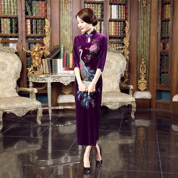 Shanghai Story long peacock embroidered velvet dress purple chinese dress modern cheongsam long qipao For Women