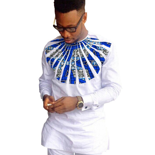 African fashion shirts men ankara print long sleeve dashiki shirts white cotton and wax patchwork o-neck top of africa clothing