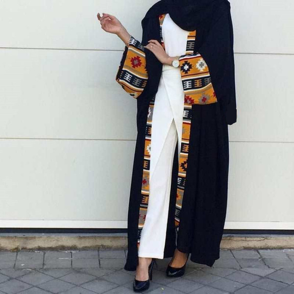 Muslim Middle East Malaysia Contrast Colors BlacuCardigan Stitching Maxi Long Sleeved Dress for woman Elegant National Constume