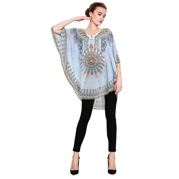 1 Pcs Ethnic style blouse women print stitching top Women Casual Loose Muslim Printing Round Neck Bat Sleeve Chiffon Shirt