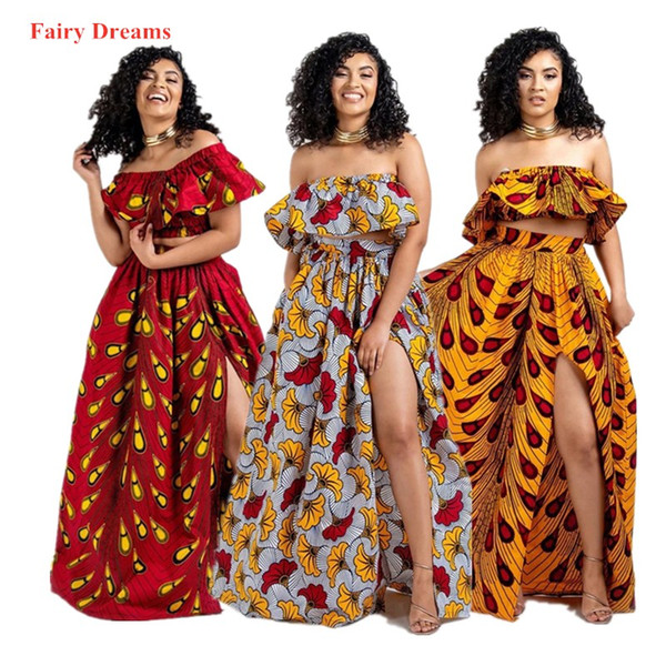 2 Piece Set Women Traditional African Clothing Crop Tops And Long Skirt Summer Suits Dashiki Print Sexy Shirt Off Shoulder