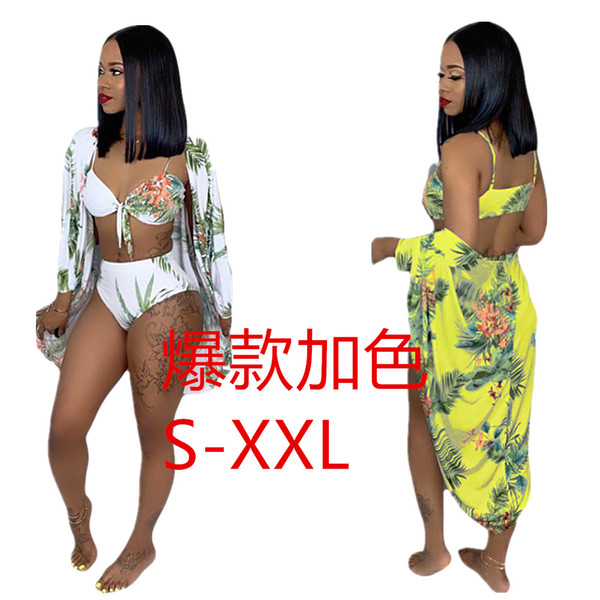 2019 African women summer foliage pattern beach x long cape bow bra and panties set three-piece beach bathing suit set sportswea