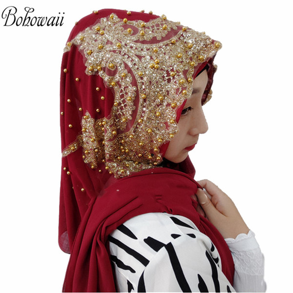 BOHOWAII Muslim Hijab Femme Musulman Gold Beading Sequins Long Scarf Hijabs Hoofddoek Fashion Chiffon Turbante