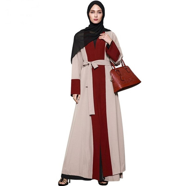 Muslim Middle East Malaysia Contrast Colors red brown Cardigan Stitching Maxi Long Sleeved Dress for woman Elegant National Constume