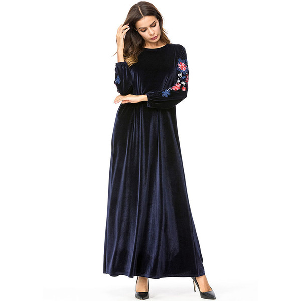 Velvet Dresses Middle Eastern Muslim Simple Floral Embroidered Vintage Elegant Robe Fashion High Waist A-Line Pullover Dress