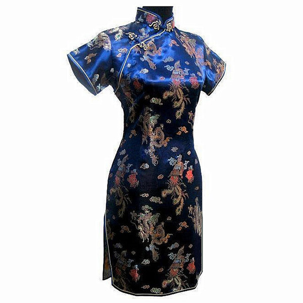 Navy Blue Vintage Chinese Women's Satin Mini Cheongsam Qipao Dress Plus Size S M L XL XXL XXXL 4XL 5XL 6XL Mujeres Vestido J4065