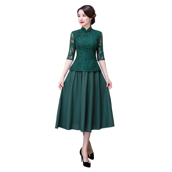 Shanghai Story 2022Top quality Green Lace Chinese Traditional Clothing Set 3/4 Sleeve Lace Chinese Cheongsam Top + Skirt for Women