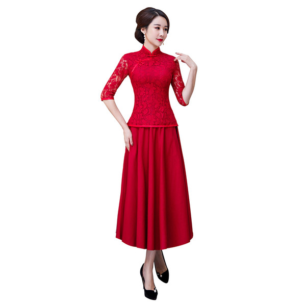 Shanghai Story 2022New Sale Red Lace Chinese Traditional Clothing Set 3/4 Sleeve Lace Chinese Cheongsam Top + Skirt for Women