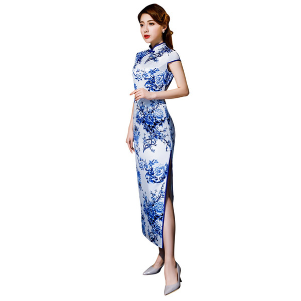 Shanghai Story Short Sleeve Qipao Long Chinese Dress Spring Cheongsam Blue And White Porcelain Print Qipao Dress for Woman