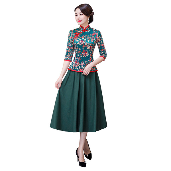 Shanghai Story Floral Chinese Traditional Clothing Set Green 3/4 Sleeve Faux Silk Chinese Cheongsam Top + Skirt Chinese Clothing for Women