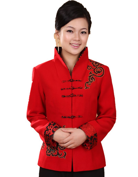 Shanghai Story 2022Autumn Blend Woolen Jacket Chinese Women's Embroider Jacket Coat Flowers chinese style jacket Plus size Red