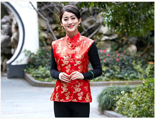 Shanghai Story Dragon Phoenix Embroidery Mandarin Collar Chinese Button Red Vest For Summer