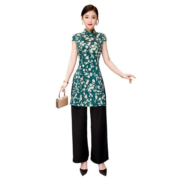 Shanghai Story 2022New Arrival Short Sleeve Cheongsam Top + Pants Set Chinese Traditional Clothing For Women Qipao Green