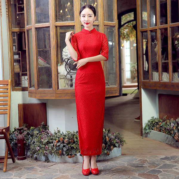 Shanghai Story China Qipao Lace Cheongsam Long Cheongsam Qipao Dress Etiquette Qipao Chinese Traditional Dress Red