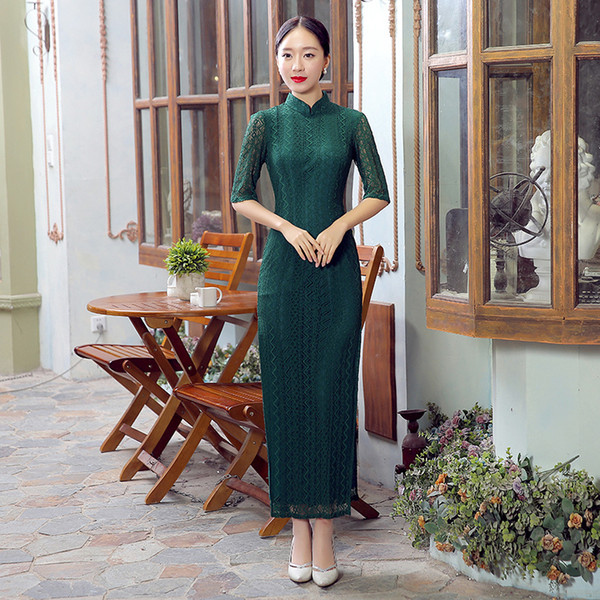 Shanghai Story High-grade Lace Chinese Cheongsam Dress Long Cheongsam Qipao Dress Etiquette Qipao Chinese Traditional Green