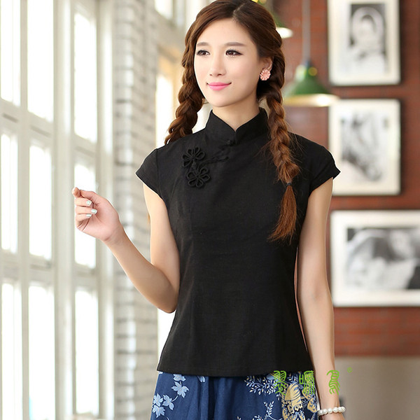 Shanghai Story Black asian top with flower tradition chinese cheongsam top traditional Linen blouse top GD213