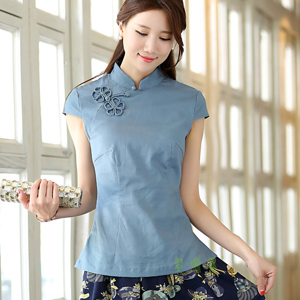 Shanghai Story Blue national chinese style top tradition chinese cheongsam Qipao Shirt traditional Chinese Top Linen blouse For Woman