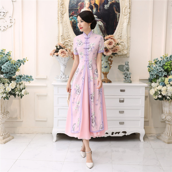 Shanghai Story 2022Pink Vietnam ao dai Chinese traditional Dress For Woman Qipao long Chinese Oriental dress modern cheongsam aodai