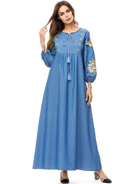 187311 Muslim Women Embroidered A-line Denim Loose Casual Embroidered Dress Muslim Robe Judah Baju Muslimah Dubai Fashion Vestidos Mujer