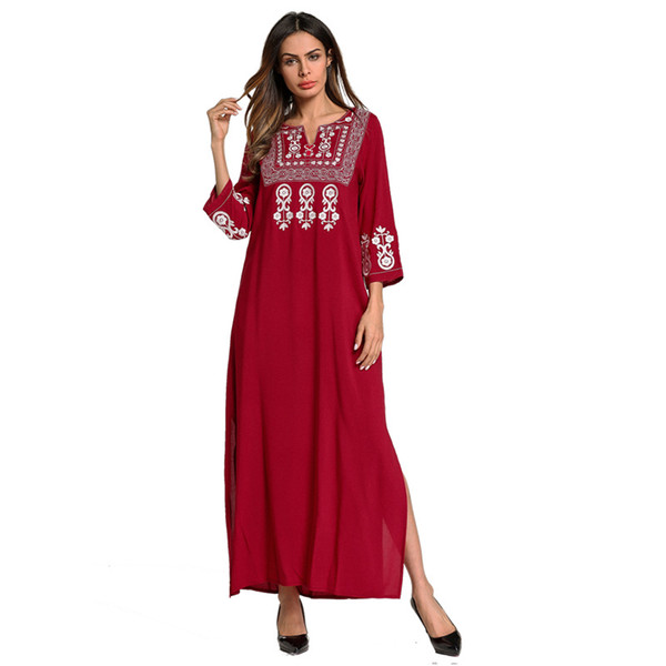 185727 Middle East Muslim Robes European Dress Square Neck Embroidered Ethnic Dress Arab Robes Arabic Abaya