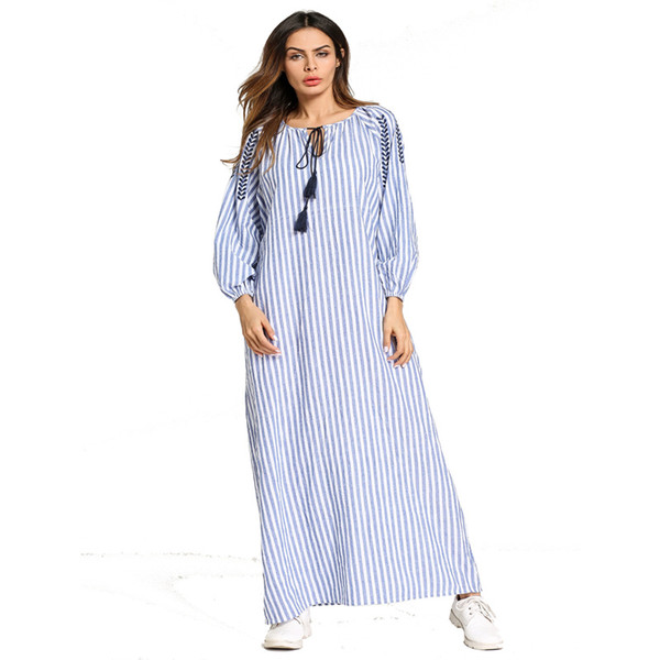 Women's dress Muslim long sleeved long-sleeved dress embroidered striped dress middle-east robe abaya gowns