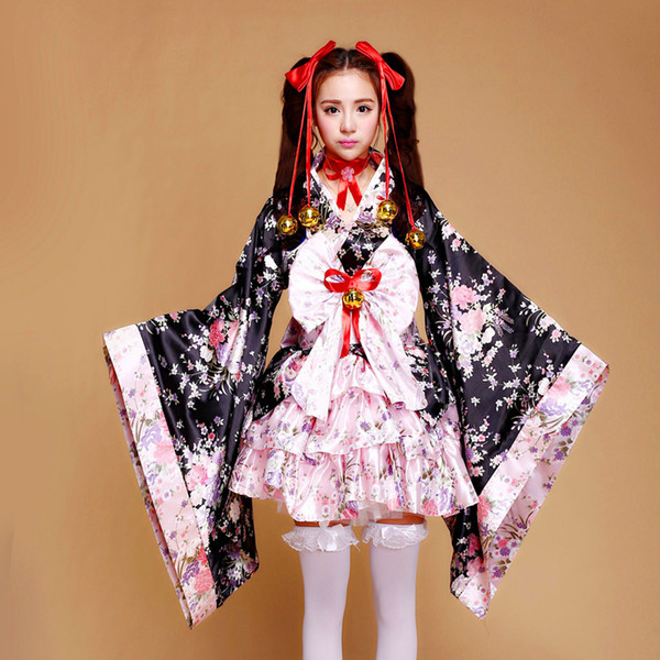 Shanghai Story Japanese Kimono Heavy Sakura Cosplay Anime Outfit Maid Costume Dress Kimono Vestidos 6 pieces set Size S---3XL Pink for girls