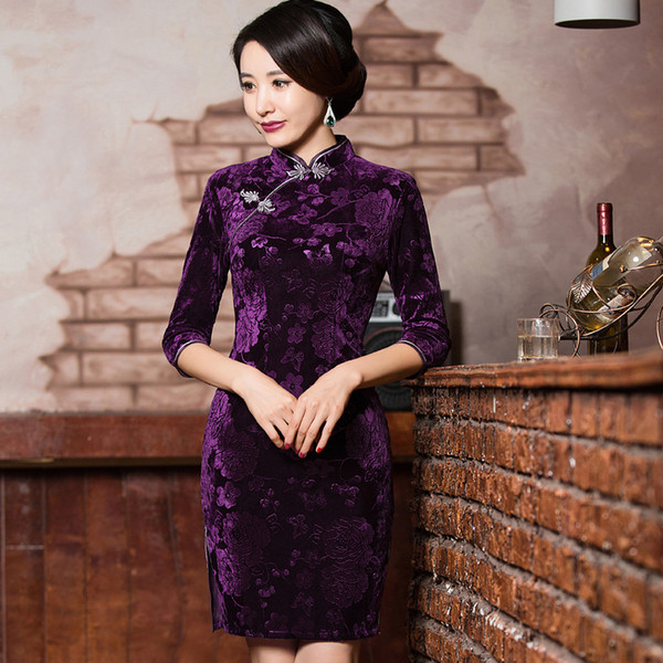 Shanghai Story Velvet cheongsam Three Quarter Sleeve Qipao traditional chinese cheongsam dress qipao national chinese dresses Oriental dress