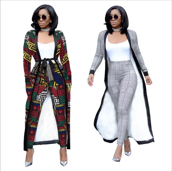 2018 New African Free Size Fashion Striped Wide-Legged Pants with Long Coat 2 Piece Suit Big Elastic For Lady