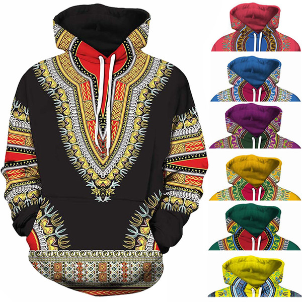 Spandex Bazin Riche Traditional Print Pullover African Dashiki Hoodie 3D Pattern Red Yellow Purple Black Orange Blue Green