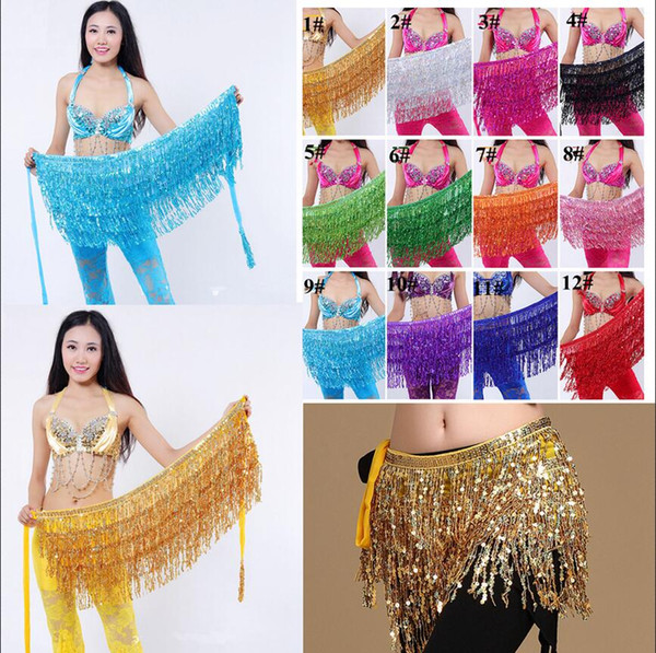 185cm Belly Dance Costume Shine Tassel Fringe Hip Belt Waist Wrap Skirt Dancing Scarf Ethnic Clothes Kids Stage Wear AAA599