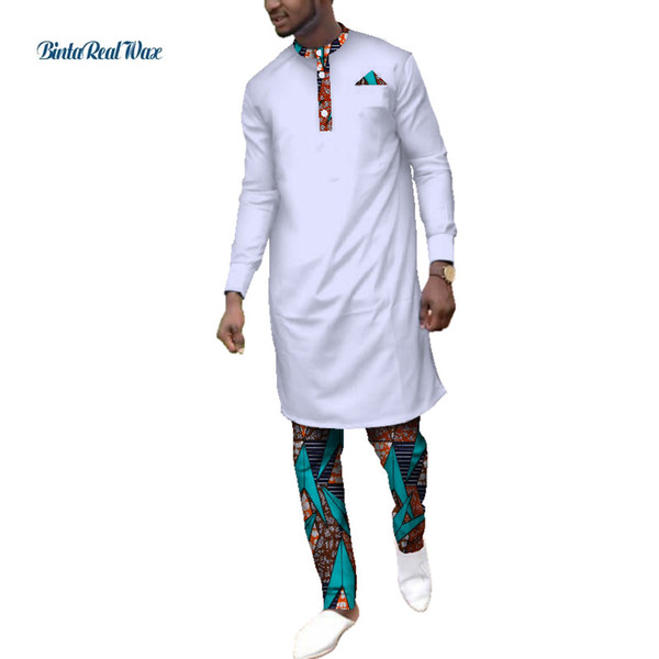 Casual Dashiki African Clothes Tops and Pants Sets Men African Clothing Bazin Riche 2 Pieces Long Shirt and Pants Sets WYN545