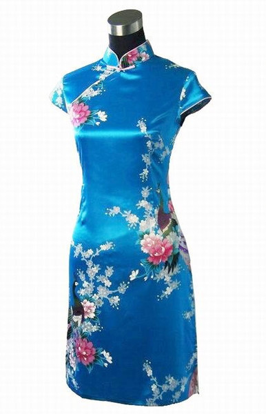 Blue Print Peacock&Flower Summer Casual Dress Chinese Women Faux Silk Qipao Cheongsam Sexy Short Mini Dress S M L XL XXL NC006