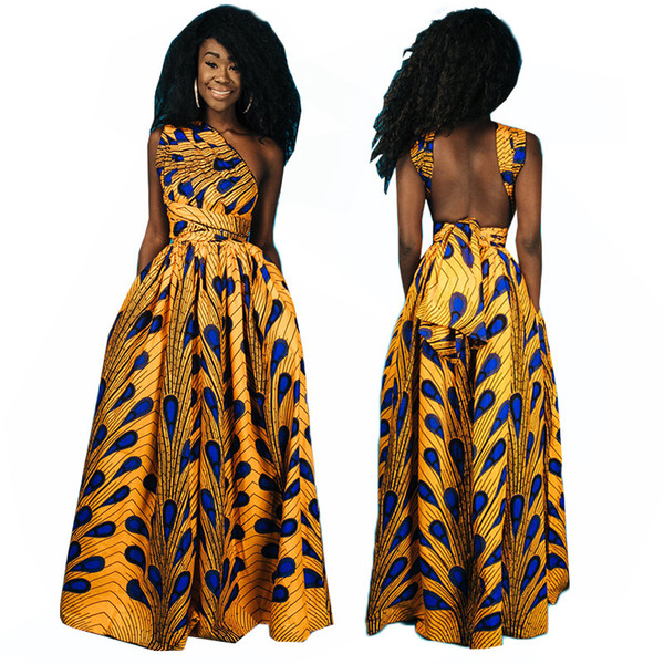 New african women dress Peacock pattern Sexy Shoulderless Backless Dress Vintage